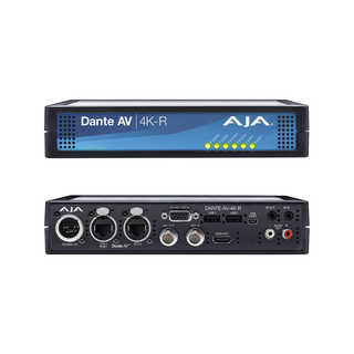 AJA Dante AV 4K-R Receiver Decodes Dante AV Ultra JPEG 2000 into 12G / HDMI Video with Embedded Audio