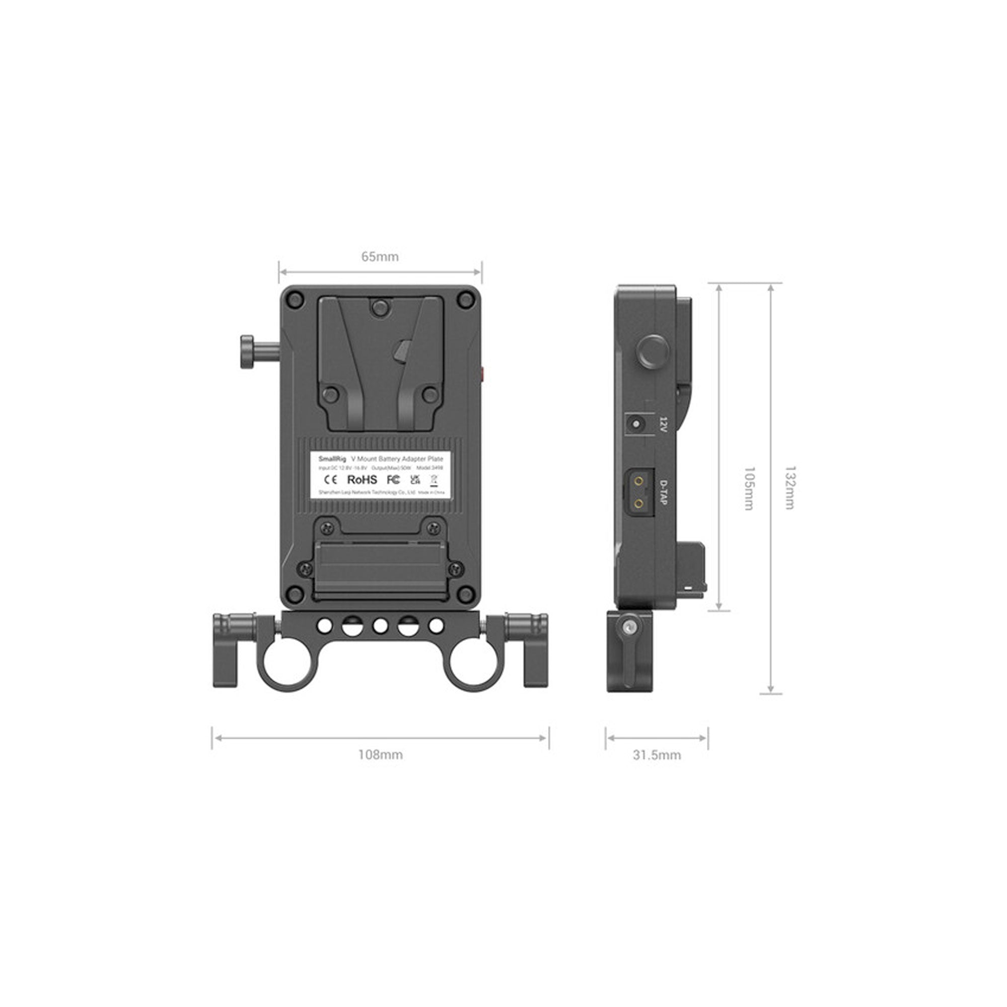 SmallRig V Mount Battery Adapter Plate (Basic Version) with Dual Rod Clamp 3498